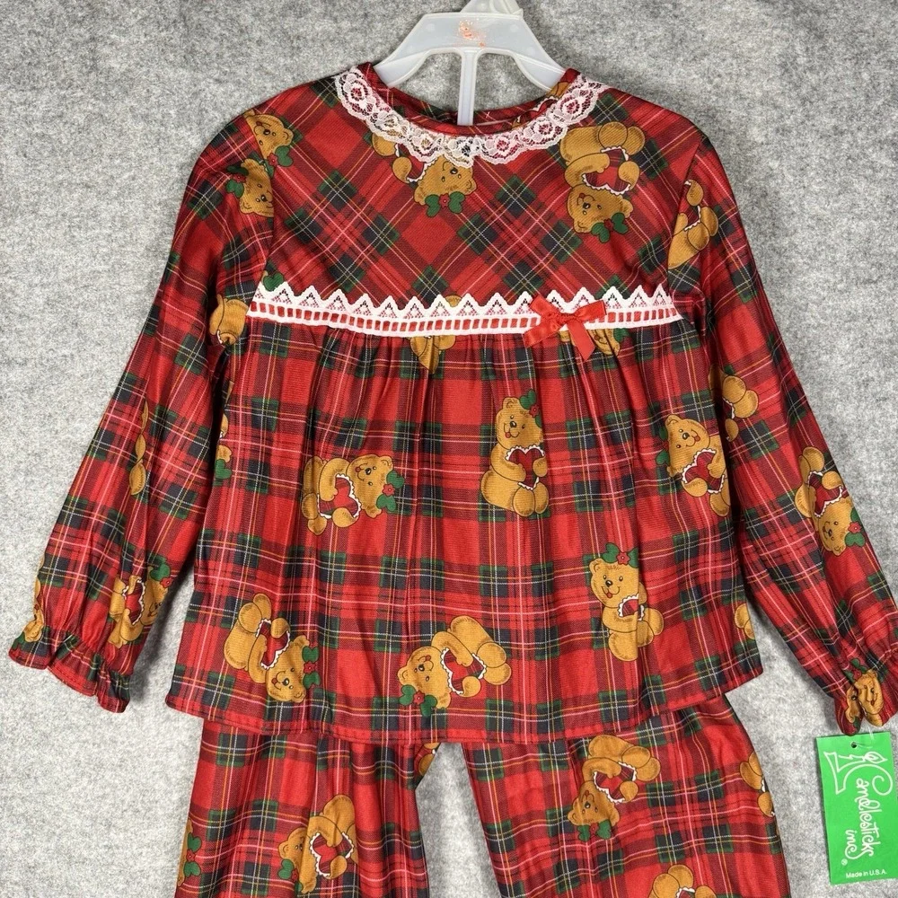 Vintage 80s Candlesticks Girls Size 6 Christmas Pajamas NWT Teddy Bear Plaid USA